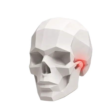 Ilustração 3D de crânio com a articulação temporomandibular destacada